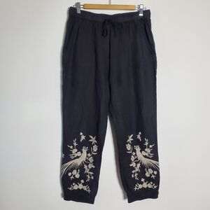 Johnny Was Los Angeles 100% Linen black Embroidered drawstring pants M